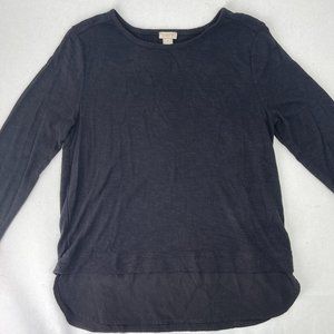J.Crew MERCANTILE Top - Black Viscose Knit Long Sleeve, Sheer Hem, Medium.